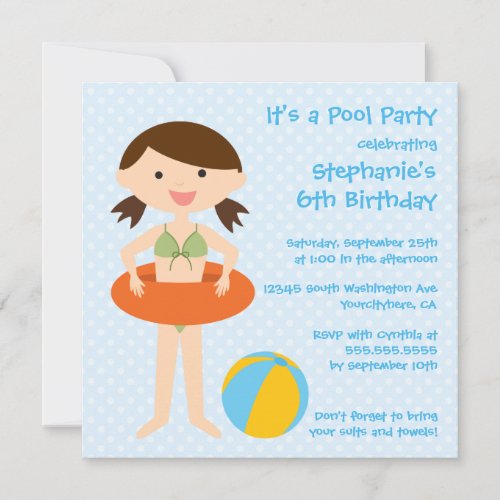 Cute girl's summer pool party birthday invitation