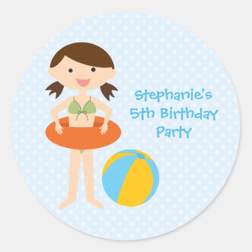 Cute girls summer pool party birthday stickers