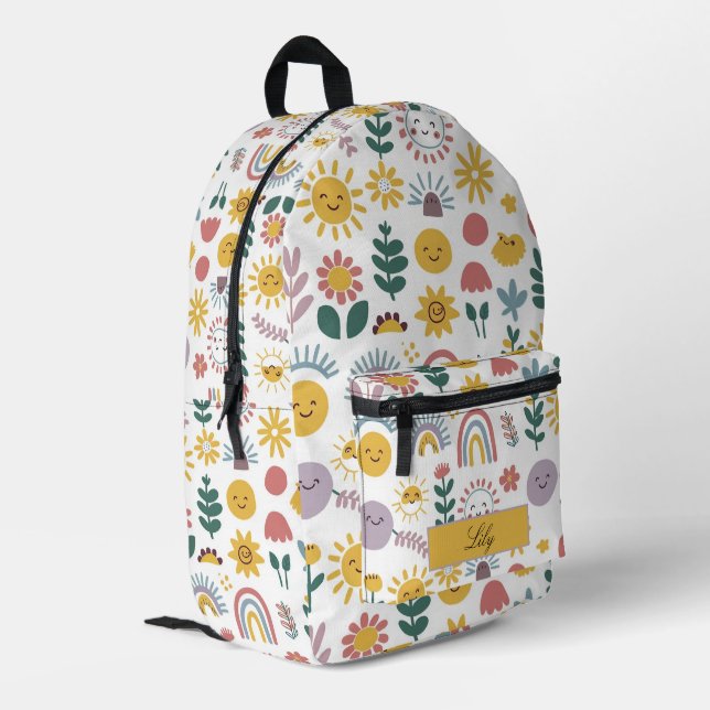 Cute Girl's Sun & Flowers Custom Name Printed Backpack (Back Corner Left)