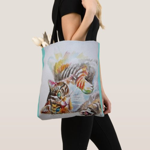 Cute Girls Tabby Cat Playing Aqua Grocery Tote Bag