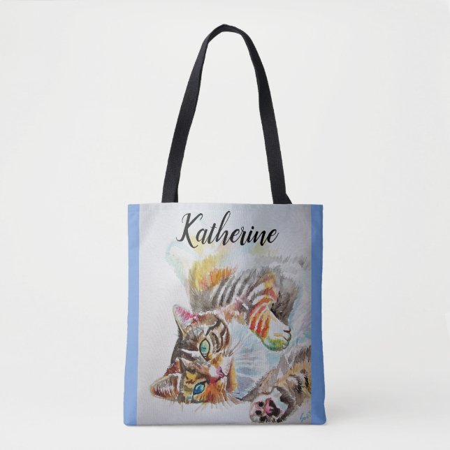 Cute Girls Tabby Cat Playing Pet Grocery Tote Bag (Front)