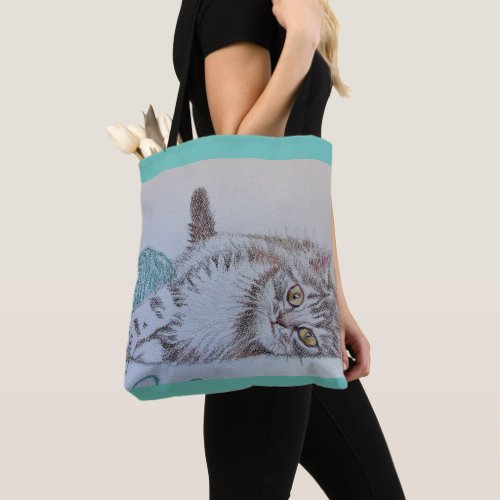 Cute Girls Tabby Cat Playing Wool Grocery Tote Bag