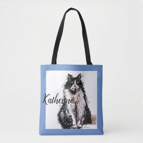 Cute Girls Tuxedo Cat Playing Pet Grocery Tote Bag