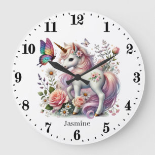 Cute girls unicorn lovers add name large clock