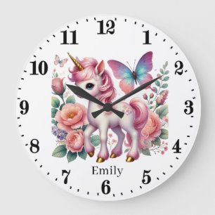 Cute girls unicorn lovers add name  large clock