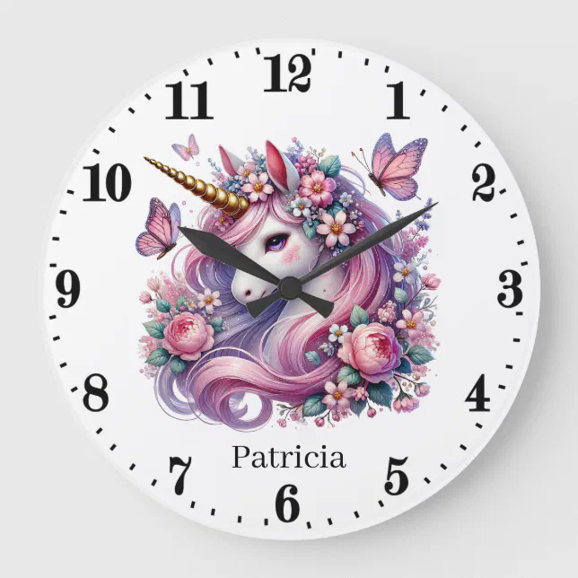 Cute girls unicorn lovers add name large clock | Zazzle