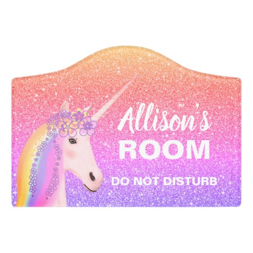 Cute Girls Unicorn Rainbow Glitter Personalized  Door Sign