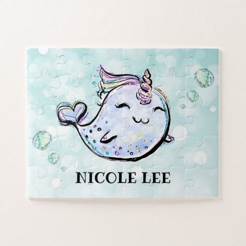 Cute Girls Watercolor Glitter Narwhal Sea Animal Jigsaw Puzzle