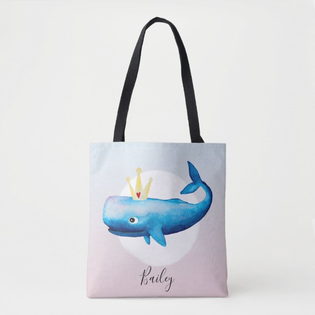 Cute Girl's Watercolor Princess Whale with Name Tote Bag (Front)