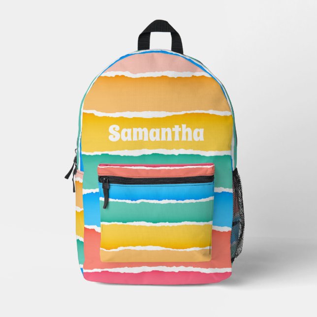 Cute Girl's Watercolor Rainbow Stripes with Name  Printed Backpack (Front)