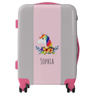 Cute Girls Watercolor Rainbow Unicorn & Name Kids Luggage