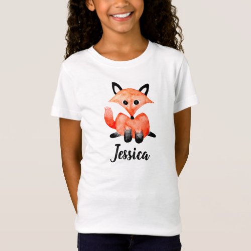 Cute Girls Watercolor Woodland Wildlife Fox  Name T_Shirt