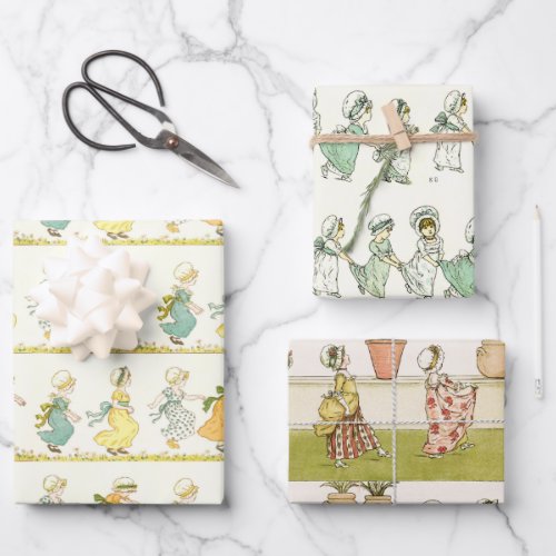 Cute Girls with Vintage Bonnets by Kate Greenaway  Wrapping Paper Sheets