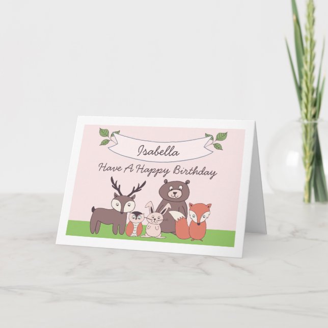 Cute Girls Woodland Animals Birthday Card (Front)