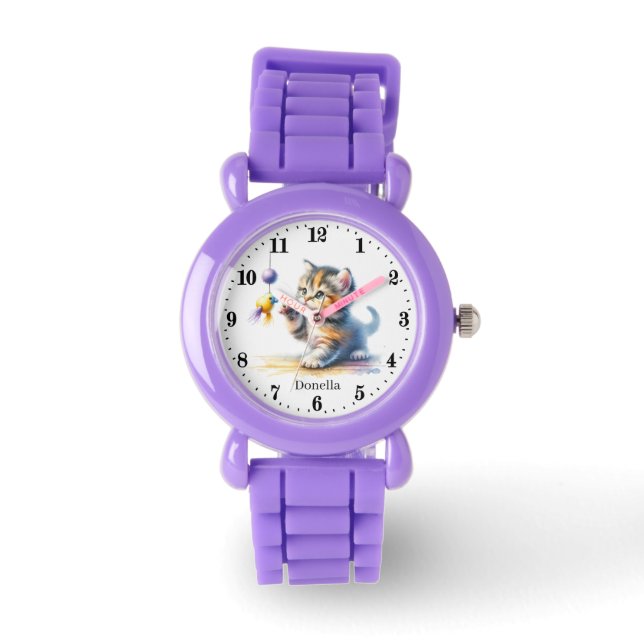 Cute girls yarn cat add name  watch (Front)