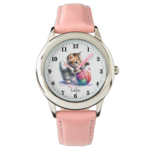 Cute girls yarn cat add name watch