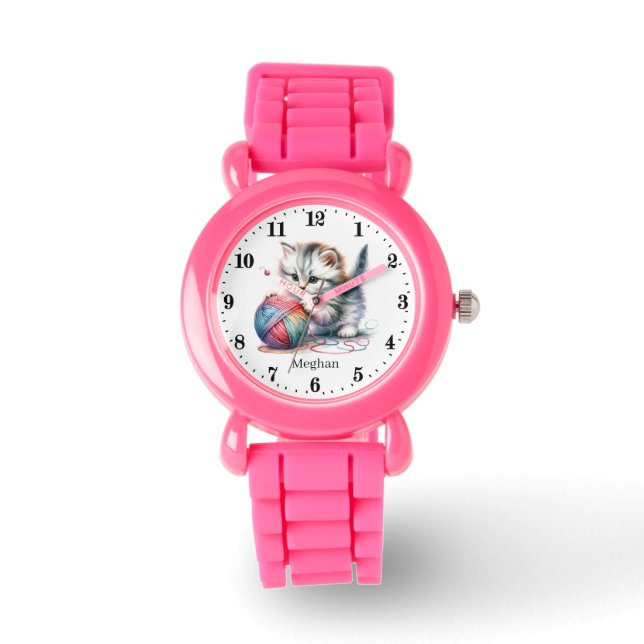 Cute girls yarn cat add name  watch (Front)