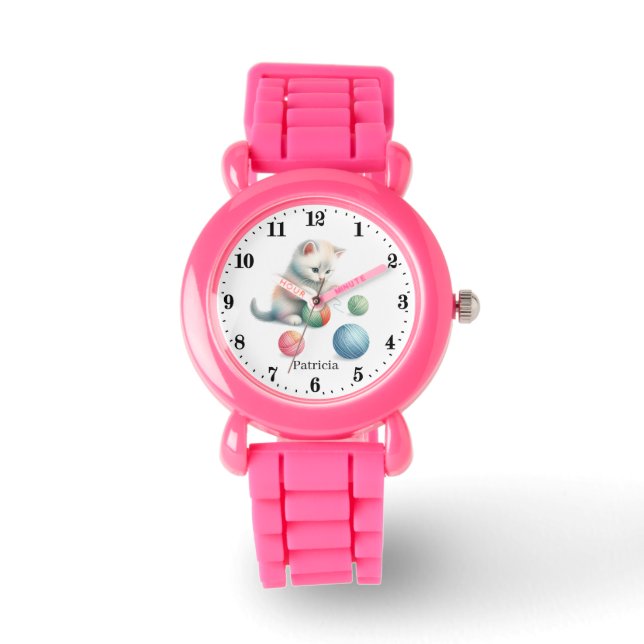 Cute girls yarn cat add name  watch (Front)