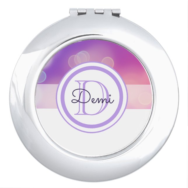 Cute Girly Abstract Bokeh with Purple Monogram Compact Mirror (Front)