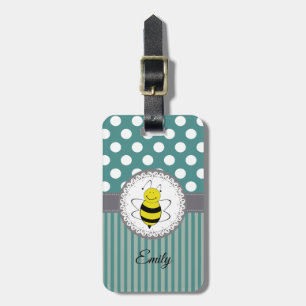 Cute girly adorable bee polka dots stripes luggage tag