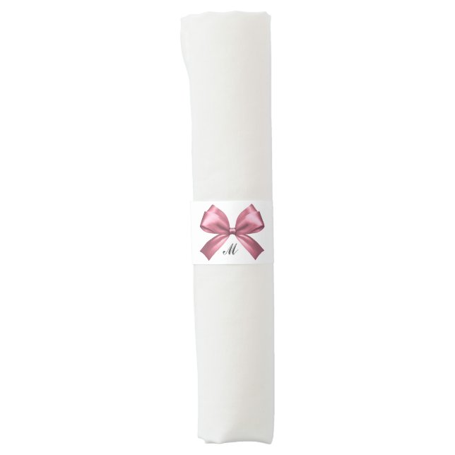 Cute Girly Aesthetic Pink Bow Name Monogram Napkin Bands (Front)