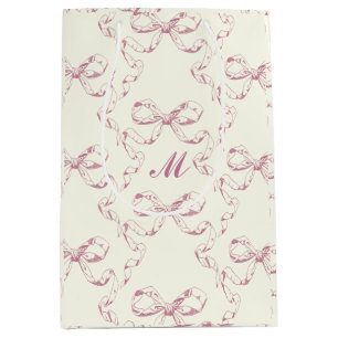 Cute Girly Aesthetic Pink Bow Pattern Monogram Medium Gift Bag