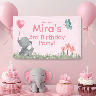 Cute Girly and Pink Elephant Birthday Party Banner
