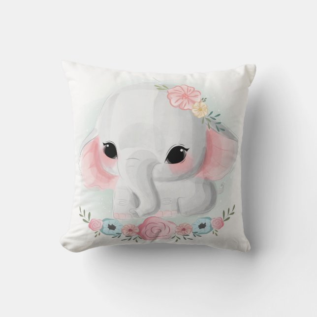 Cute Girly Baby Elephant Throw Pillow (Front)