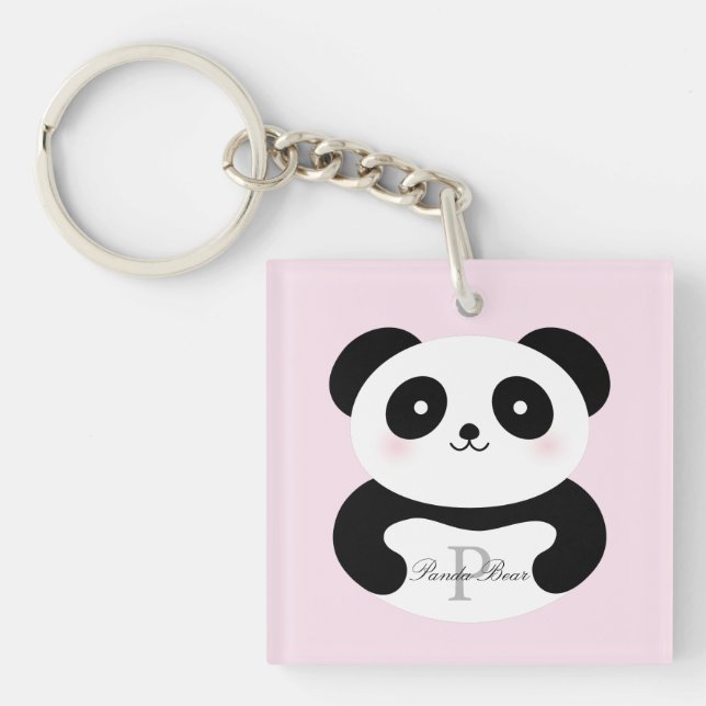 Cute Girly Baby Panda Bear Monogram Keychain (Front)