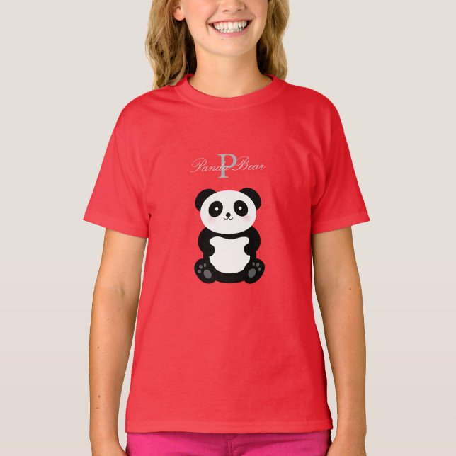 Cute Girly Baby Panda Bear Monogram T-Shirt (Front)