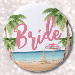 Cute Girly Bachelorette Party Bride Button<br><div class="desc">Cute Beach Weekend Bachelorette Party Bride button. A cool watercolor beach theme with shades of pink and teal, setting the vibe for a beach escape with the bride and her besties. From trips to Florida, California, or even something more international like Mexico, Hawaii or The Bahamas, this girls weekend is...</div>