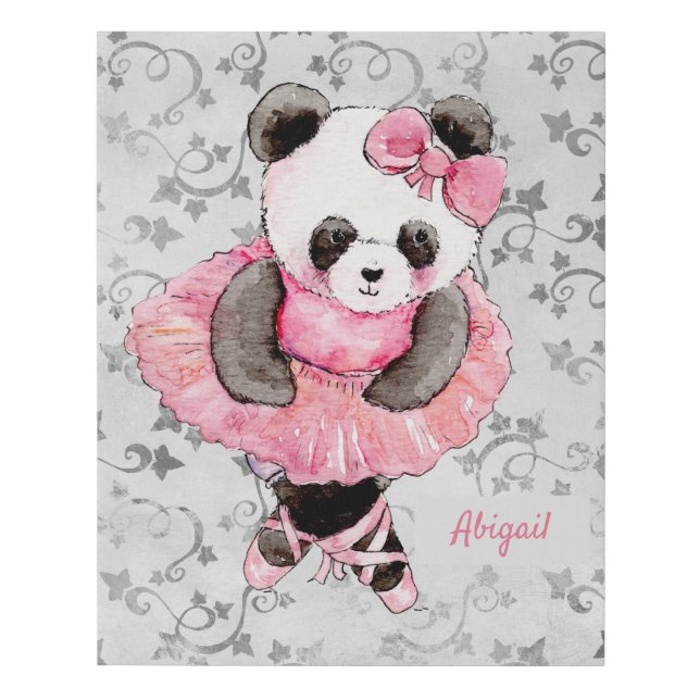 Cute Girly Ballerina Panda Bear Pink Tutu Silver Faux Canvas Print (Front)