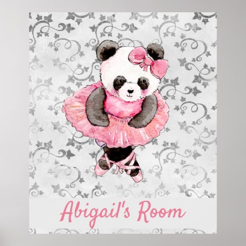 Cute Girly Ballerina Panda Bear Silver Poster