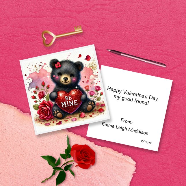 Cute Girly Be Mine Bear Cub Classroom Valentine Note Card (Creator Uploaded)
