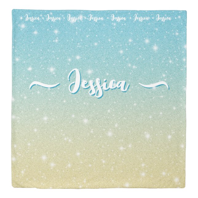Cute Girly Beach Blue Yellow Faux Glitter Name Duvet Cover (Front)