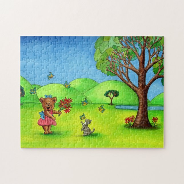 Cute Girly Bear Kitten Whimsical Landscape Jigsaw Puzzle (Horizontal)