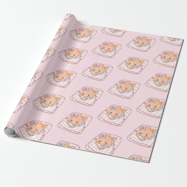 Cute Girly Bear reading Shojo Manga on Cozy Bed Wrapping Paper (Unrolled)
