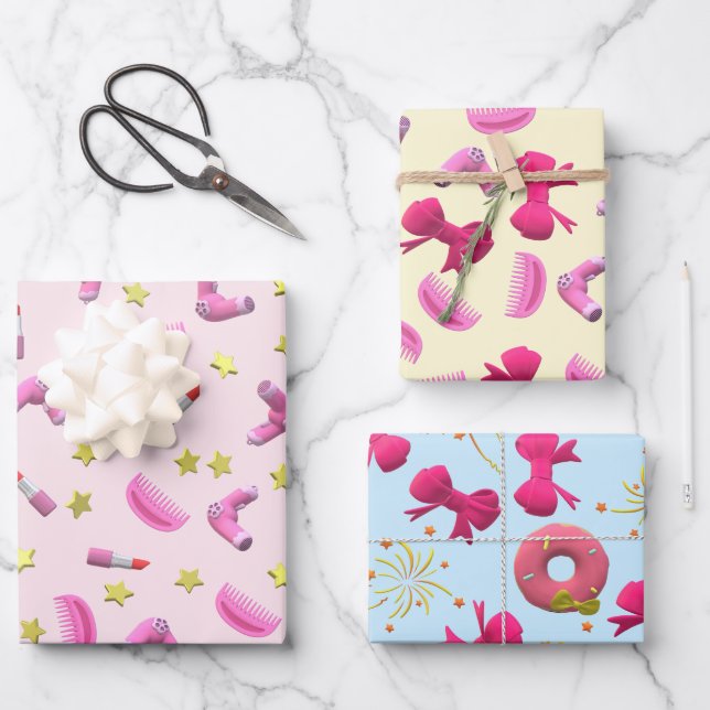 cute Girly Beauty Icon Pattern Scattered Star Wrapping Paper Sheets (Front)