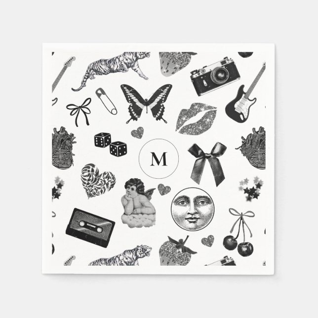 Cute Girly Black Aesthetic Name Monogram Napkins (Front)