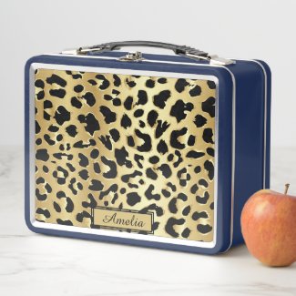 Cute Girly Black & Gold Leopard Print Personalized