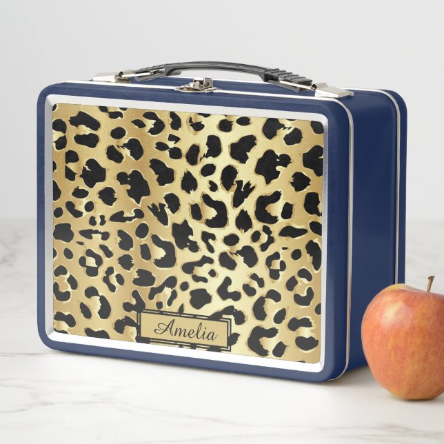 Cute Girly Black & Gold Leopard Print Personalized Metal Lunch Box (In Situ)