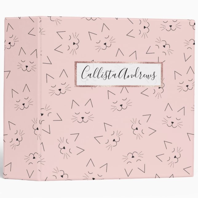 Cute Girly Black Kitty Cat Face Pink Pattern 3 Ring Binder (Front/Spine)
