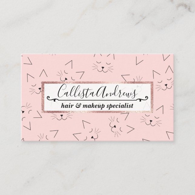 Cute Girly Black Kitty Cat Face Pink Pattern Business Card (Front)