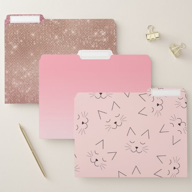 Cute Girly Black Kitty Cat Face Pink Pattern File Folder (Set)
