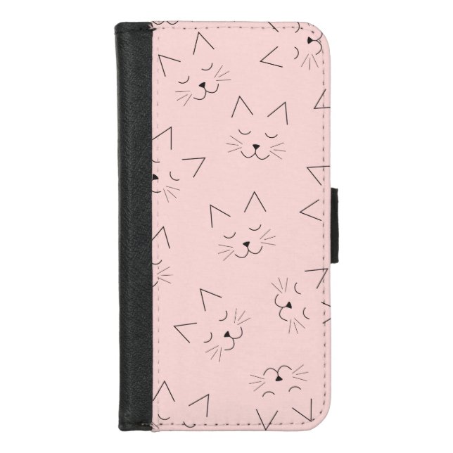 Cute Girly Black Kitty Cat Face Pink Pattern iPhone Wallet Case (Front)