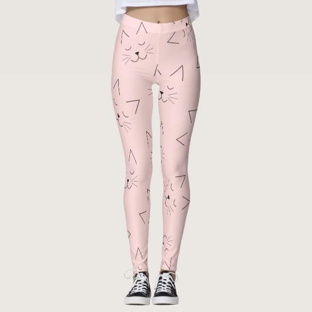 Cute Girly Black Kitty Cat Face Pink Pattern Leggings (Front)