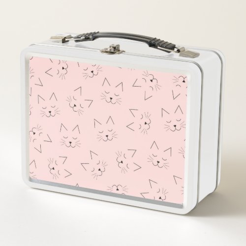 Cute Girly Black Kitty Cat Face Pink Pattern Metal Lunch Box