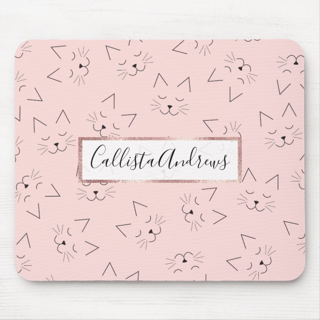 Cute Girly Black Kitty Cat Face Pink Pattern Mouse Pad (Front)