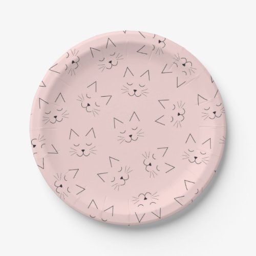 Cute Girly Black Kitty Cat Face Pink Pattern Paper Plates