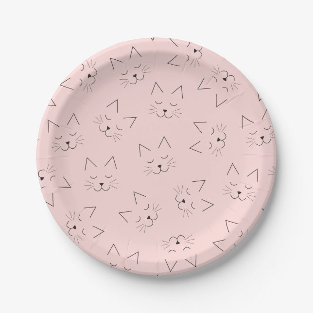 Cute Girly Black Kitty Cat Face Pink Pattern Paper Plates (Front)